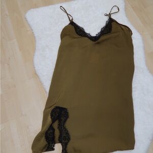 Out From Unfer Olive Green Lace Trim Slip Dress